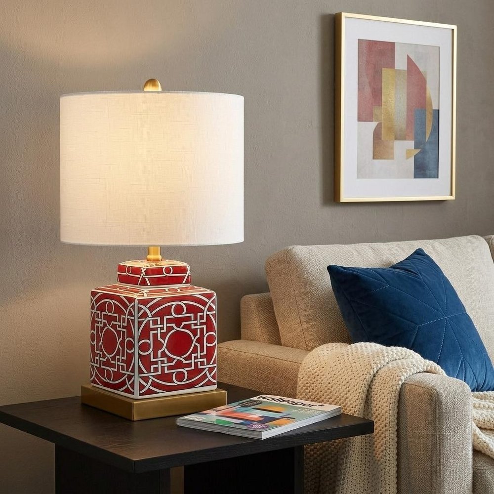 22" Gold Square Table Lamp With Drum Shade