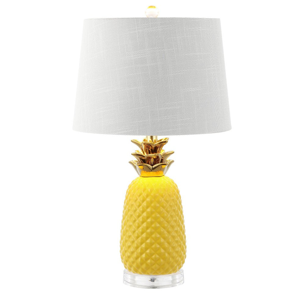 23" Yellow Gold And Clear Ceramic And Acrylic Pineapple Table Lamp With Globe Shade