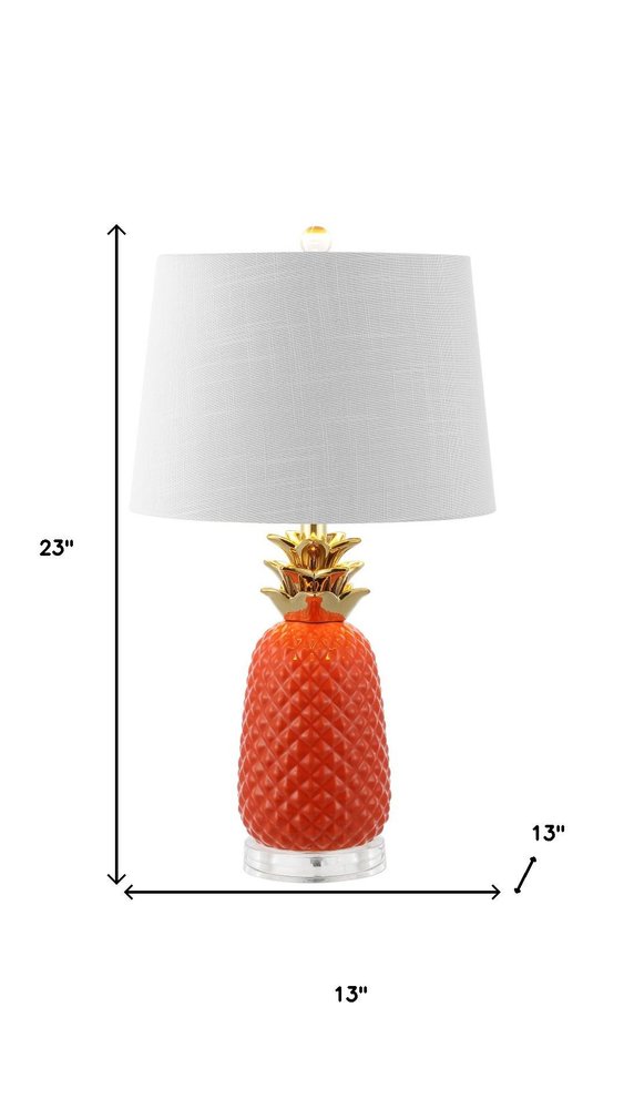 23" Orange Gold And Clear Ceramic And Acrylic Pineapple Table Lamp With Drum Shade