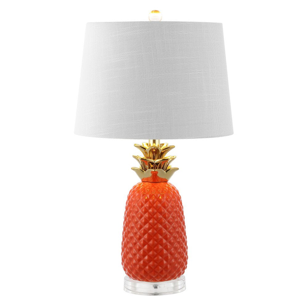 23" Orange Gold And Clear Ceramic And Acrylic Pineapple Table Lamp With Drum Shade
