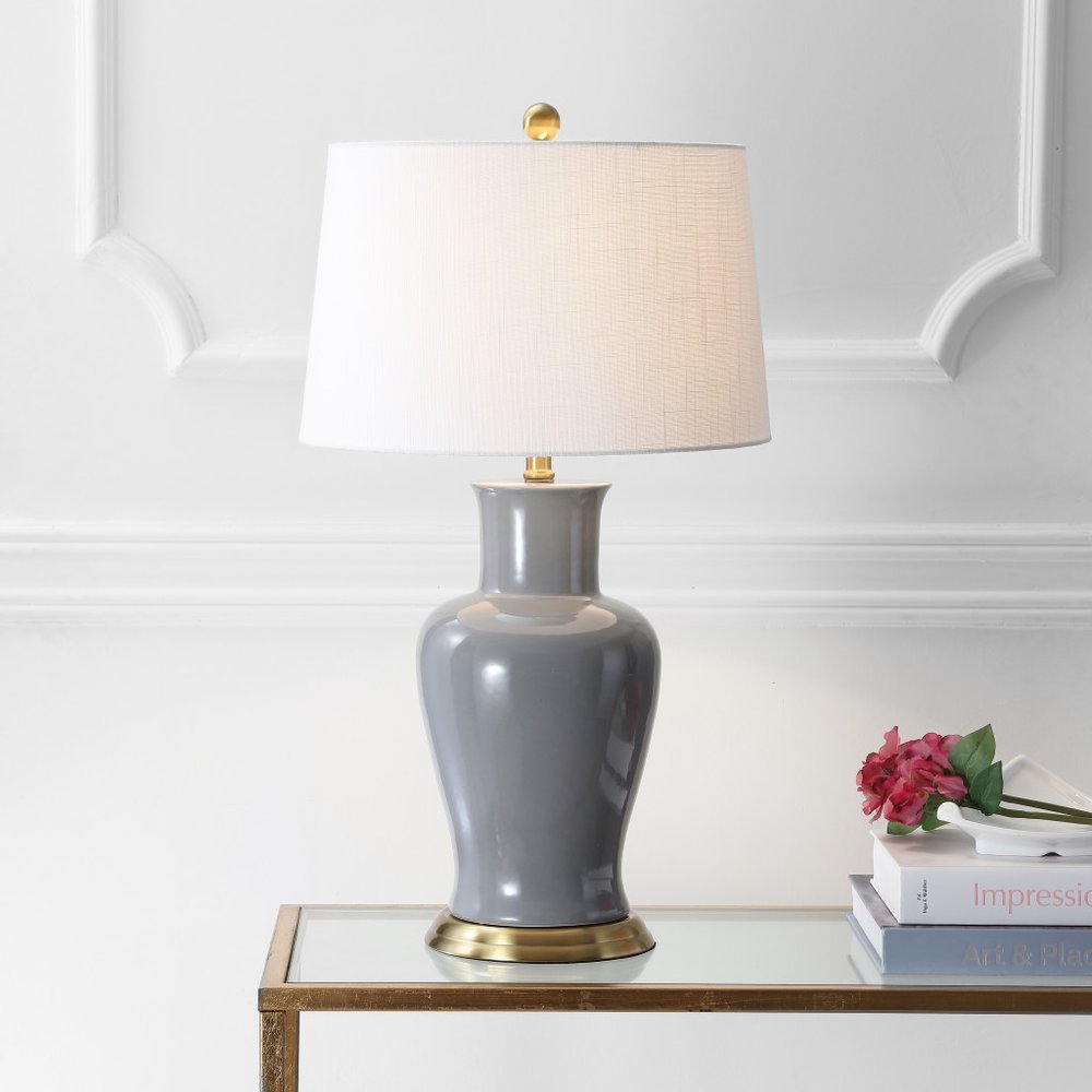 29" Gray And Gold Urn Bedside Lamp With Drum Shade