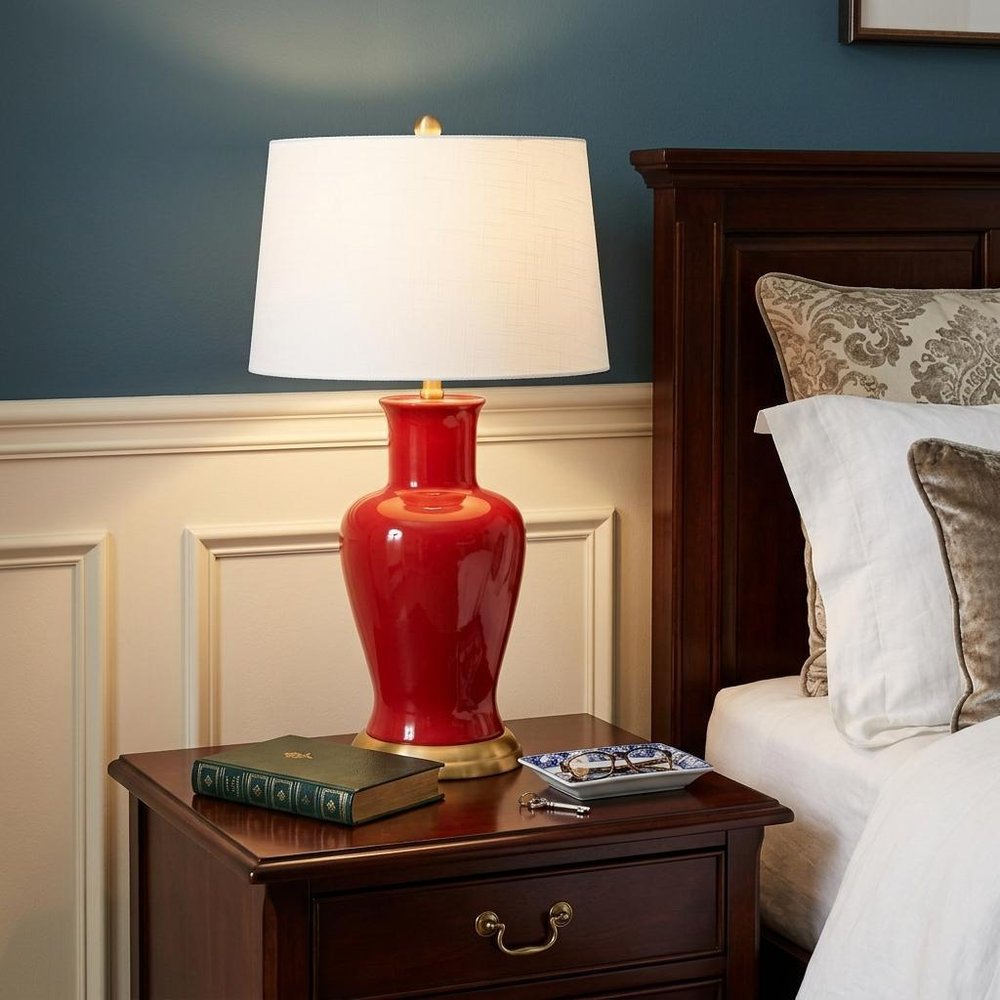 29" Red And Gold Urn Table Lamp With Drum Shade