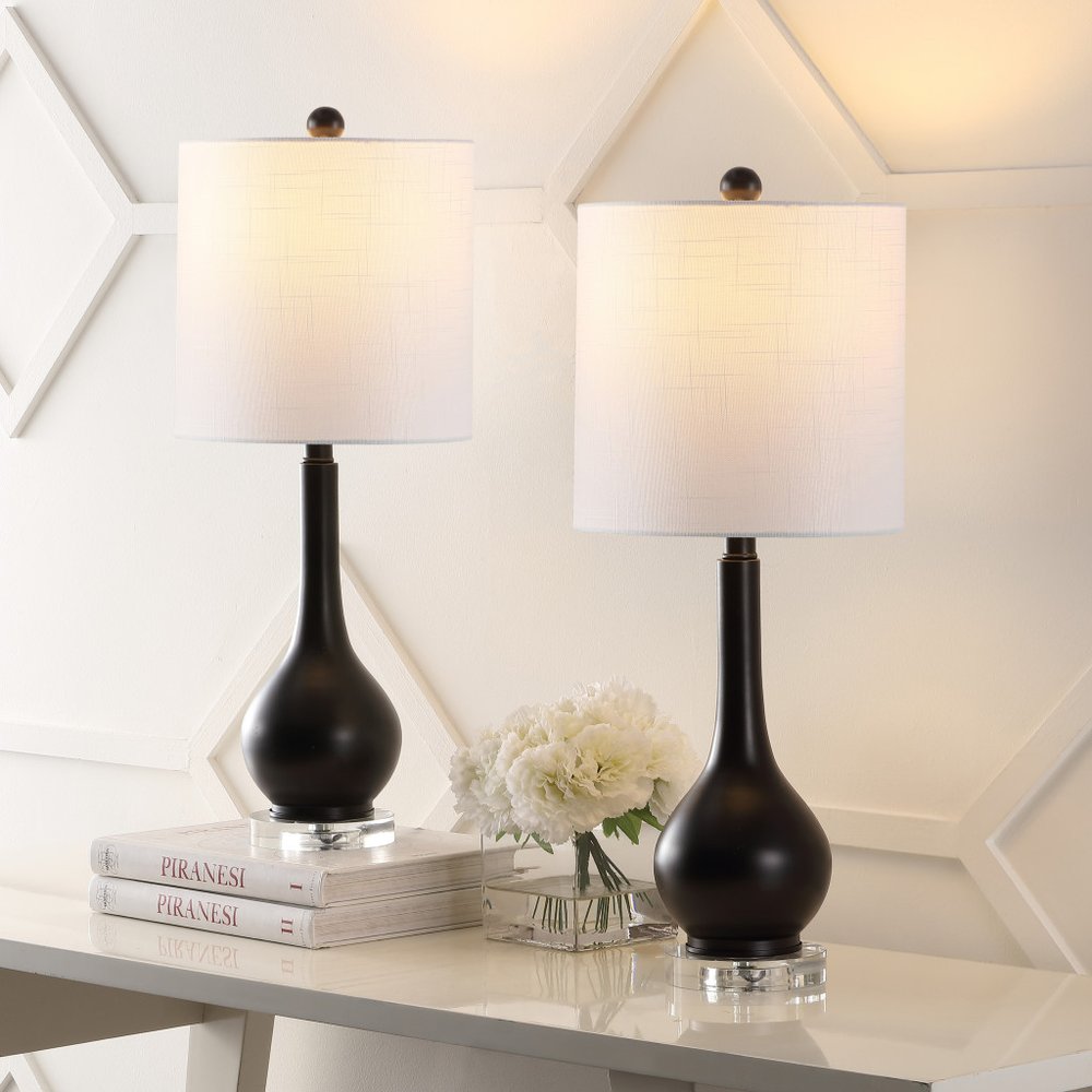 Set of Two 25" Clear Gourd Table Lamps With Drum Shades