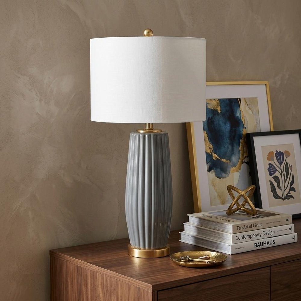 29" Dark Gray And Gold Table Lamp With Drum Shade