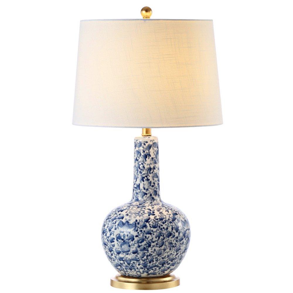 30" Blue White And Gold Gourd Table Lamp With Drum Shade