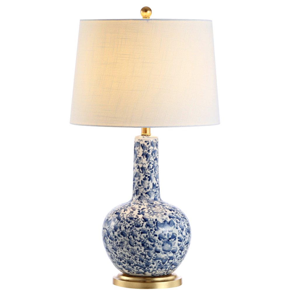 30" Blue White And Gold Gourd Table Lamp With Drum Shade