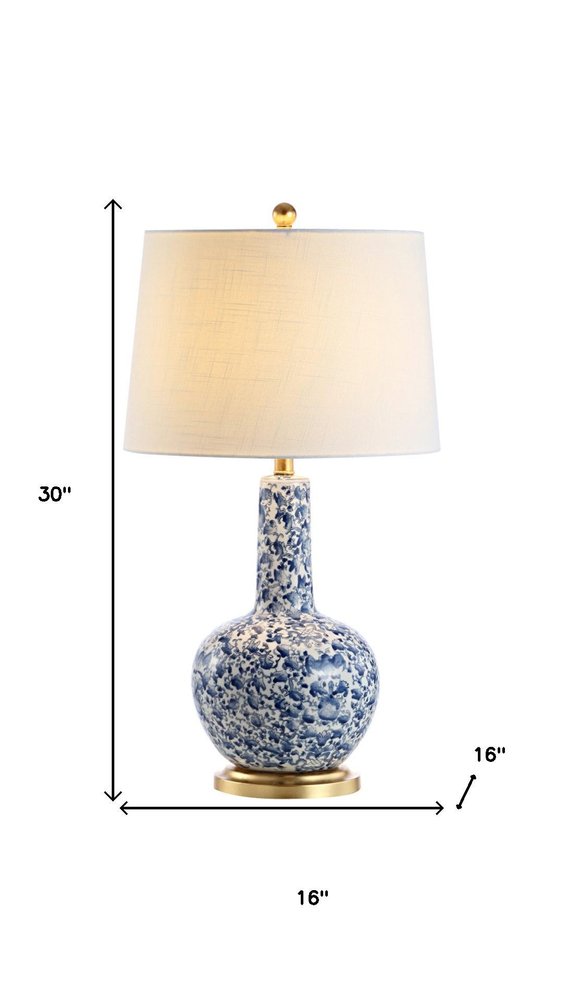 30" Blue White And Gold Gourd Table Lamp With Drum Shade