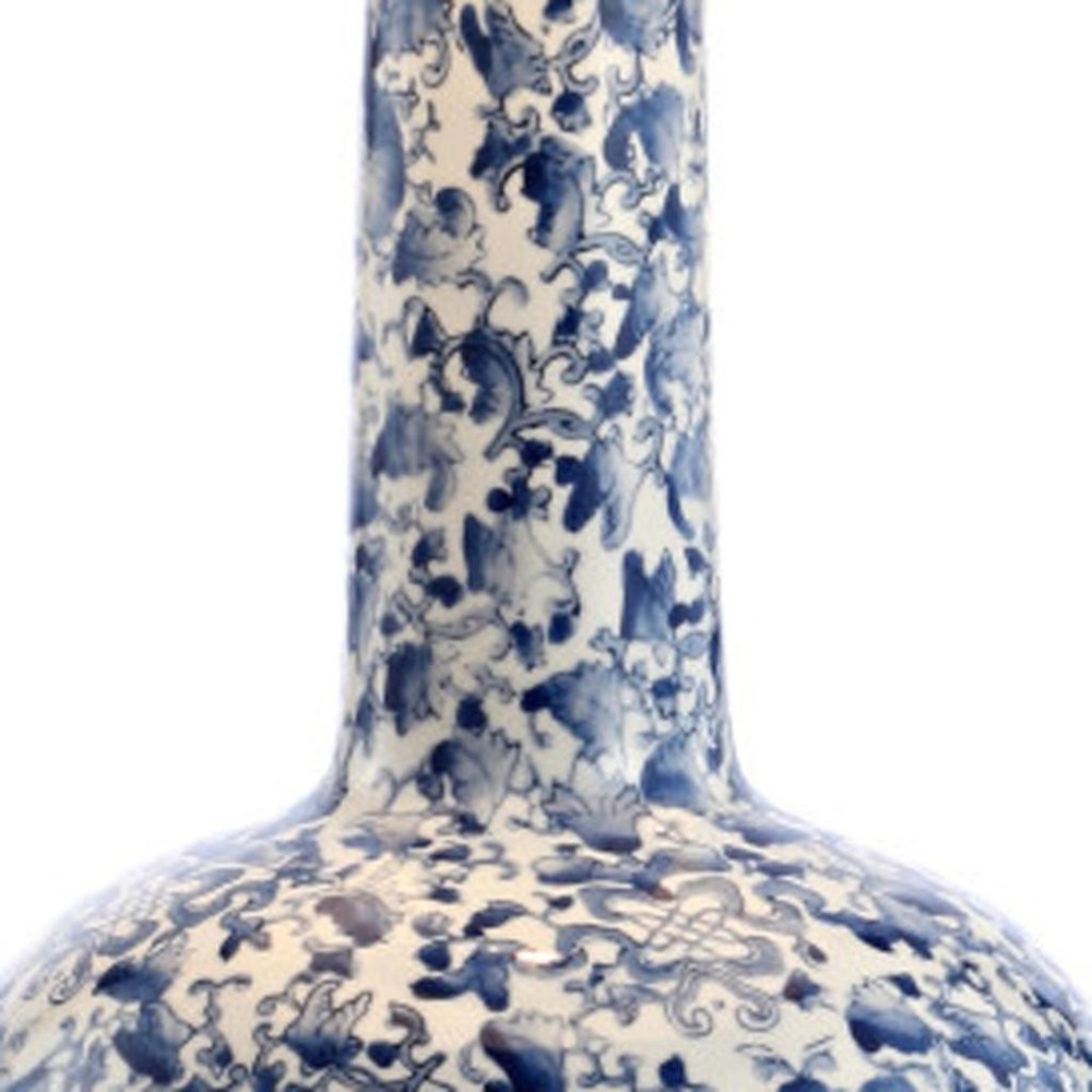 30" Blue White And Gold Gourd Table Lamp With Drum Shade