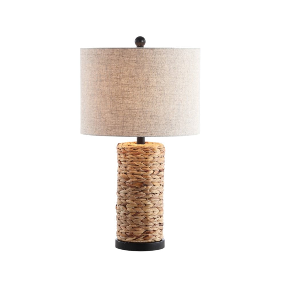 Set of Two 25" Natural And Black Bedside Lamps With Drum Shades