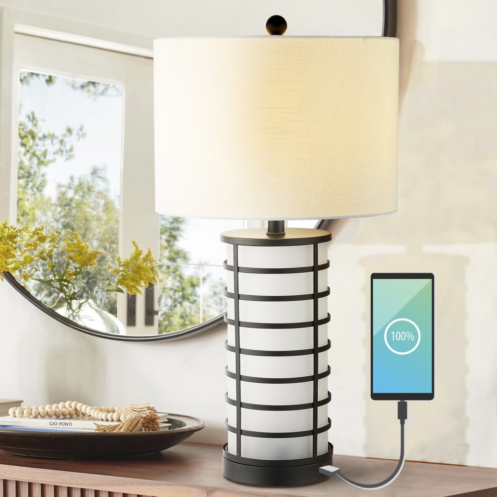 27" Black USB Table Lamp With Drum Shade