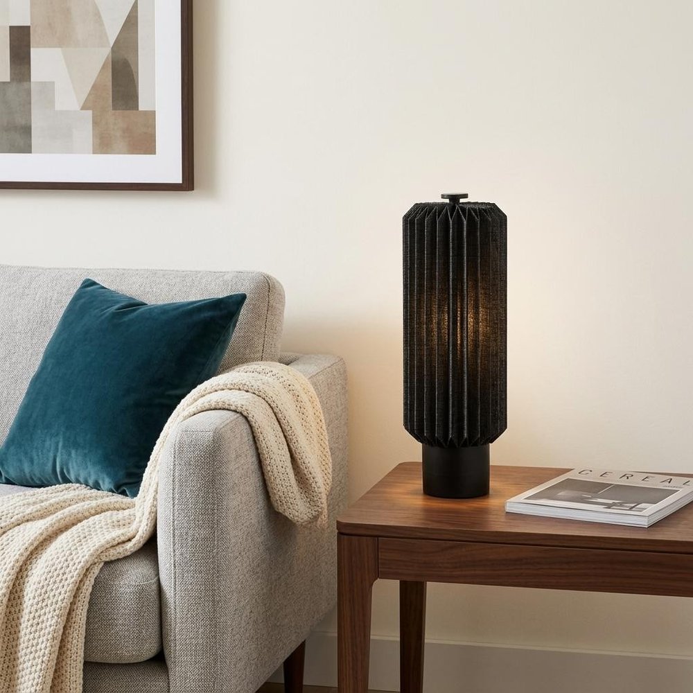 16" Black Geometric Table Lamp LED With Cylinder Shade