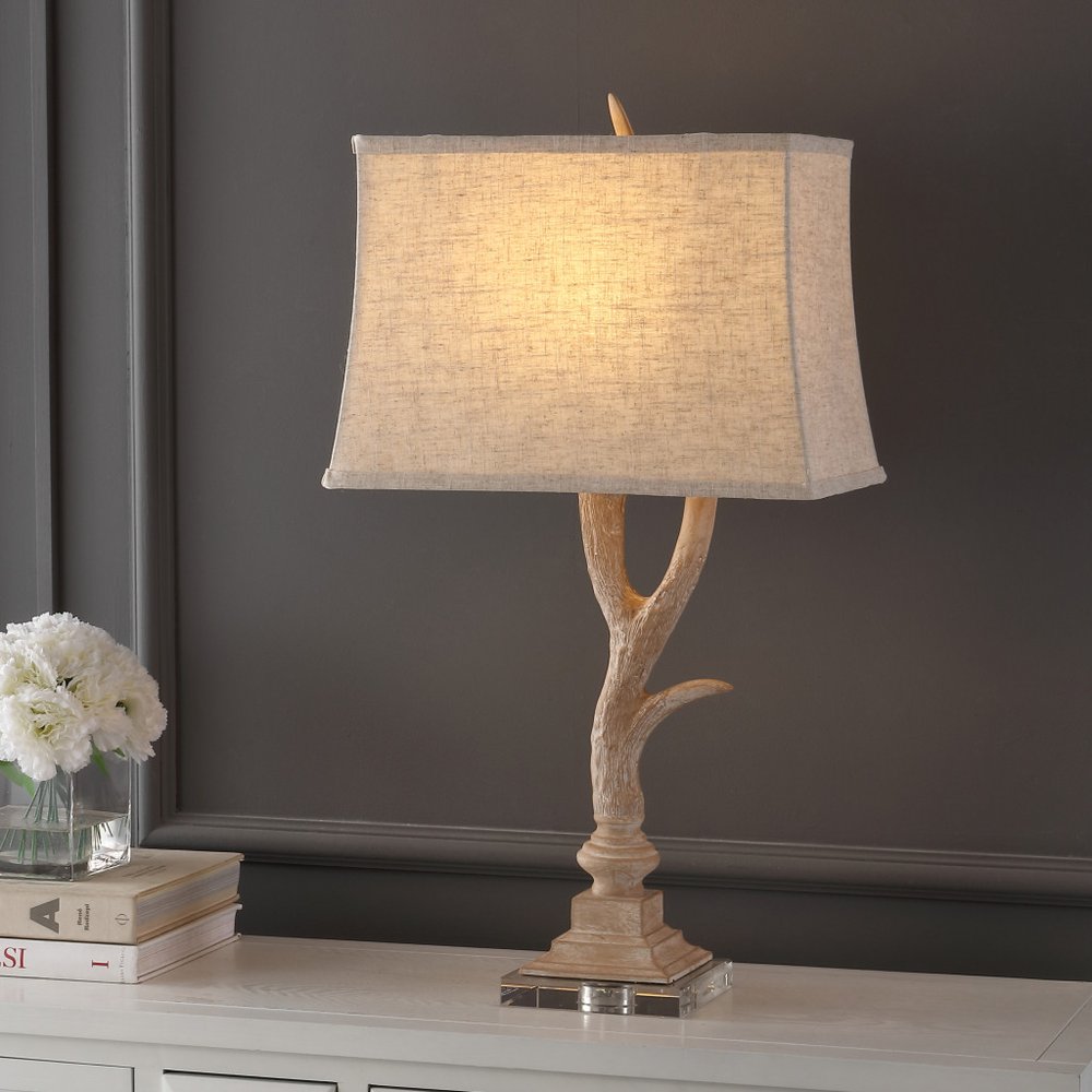 30-Inch Clear Antler Crystal Table Lamp with Light Beige Shade