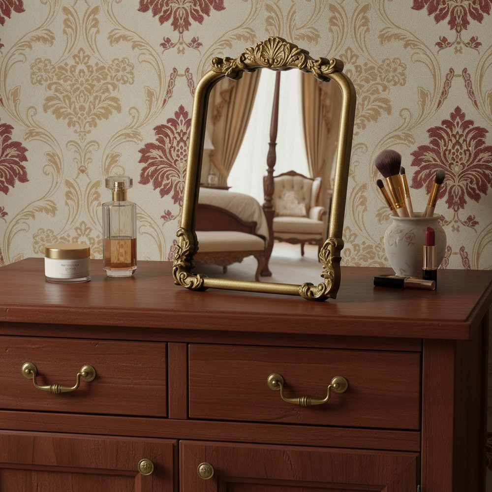 12" Gold Solid Solid Wood Scalloped Framed Makeup Shaving Tabletop Mirror