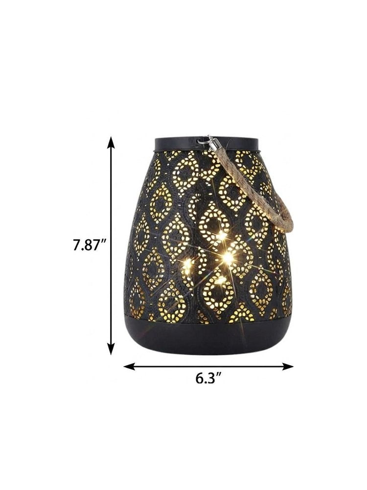 8" Black Metal Battery Operated Pierced Geometric Lantern