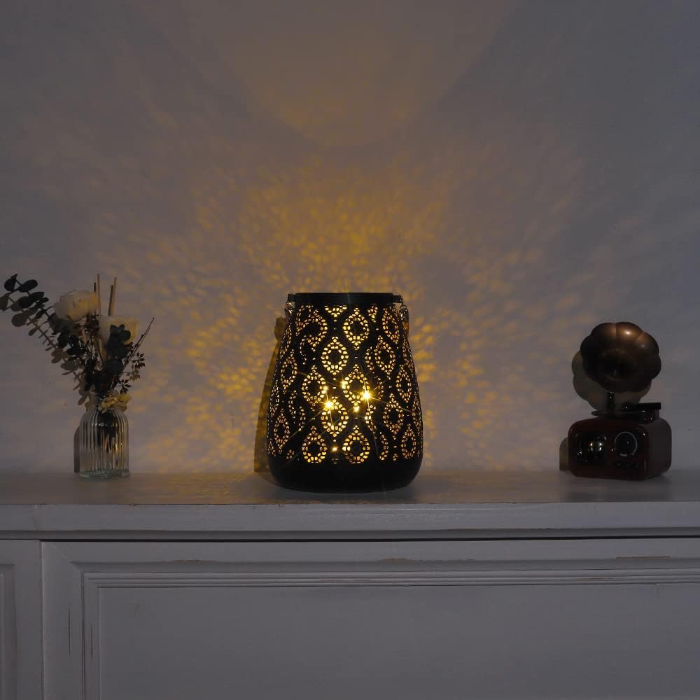 8" Black Metal Battery Operated Pierced Geometric Lantern
