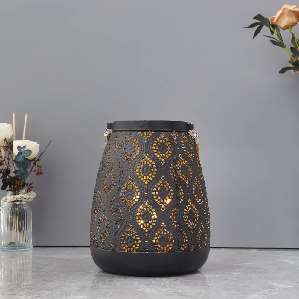 8" Black Metal Battery Operated Pierced Geometric Lantern