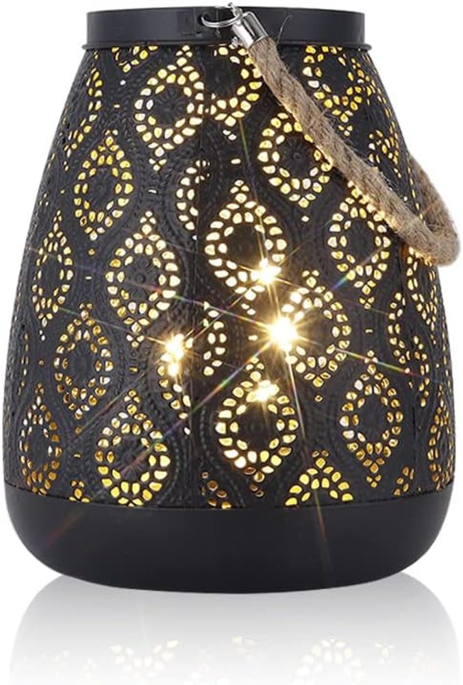 8" Black Metal Battery Operated Pierced Geometric Lantern