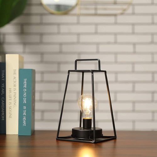 10" Black Metal Geometric Battery Operated Desk Lamp With Novelty Shade