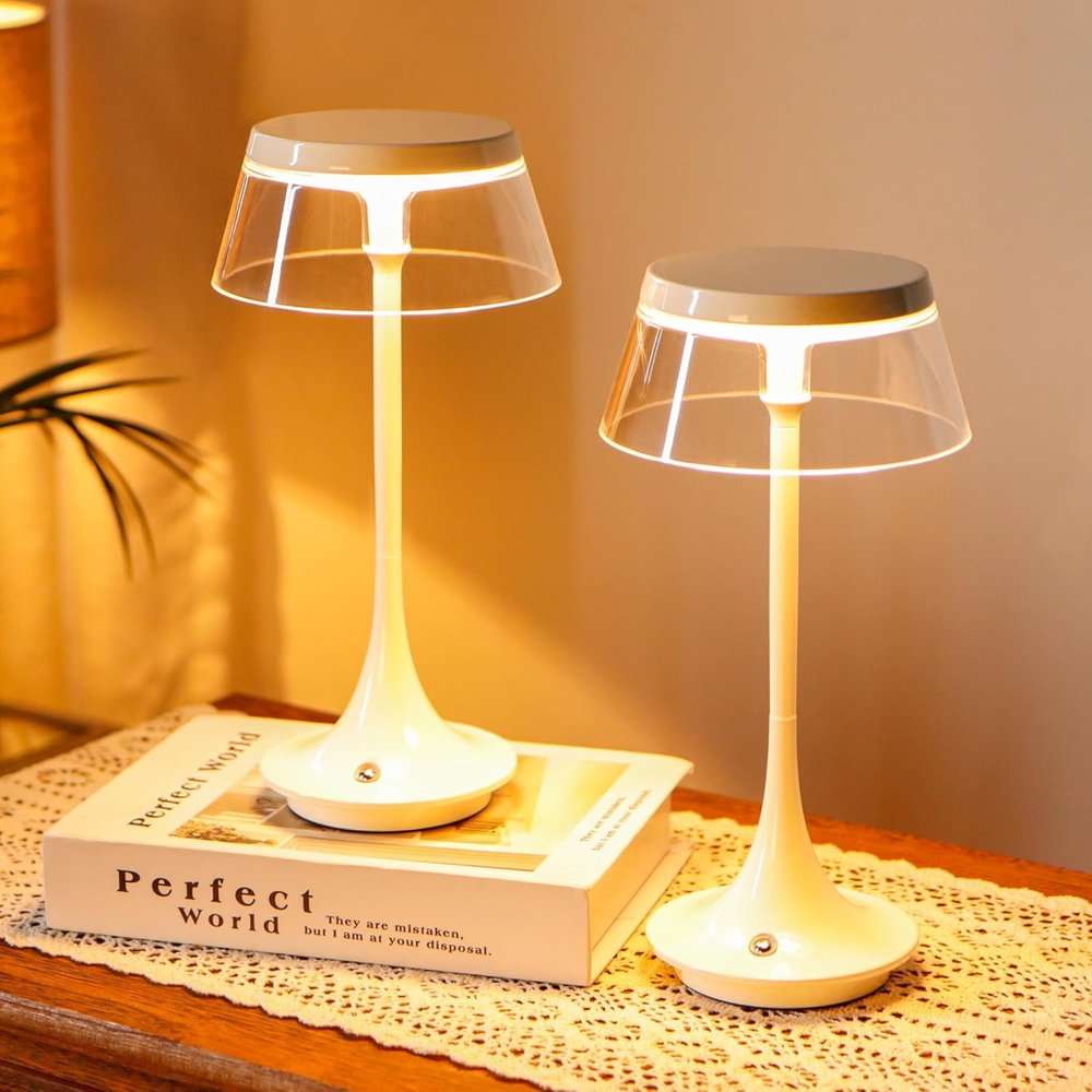 Set of Two 11" White Geometric USB Bedside Lamps With Novelty Shades