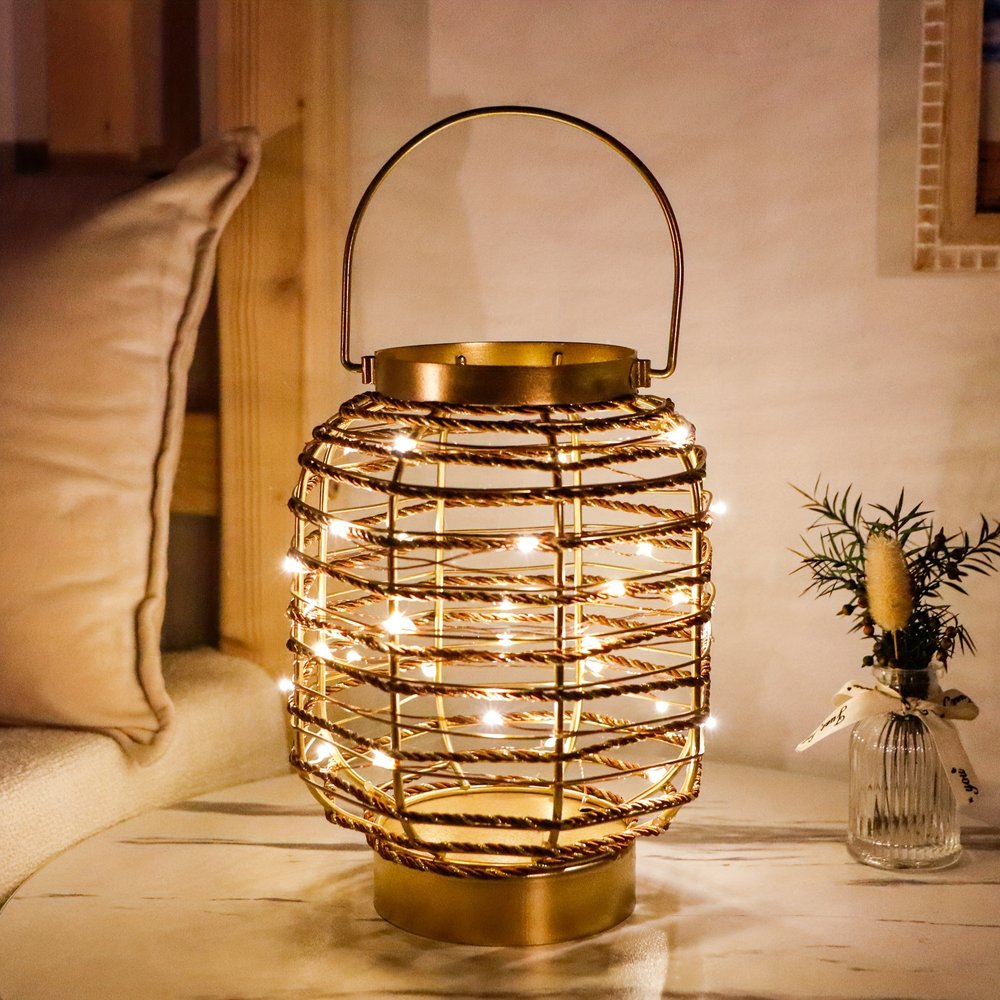 8" Distressed Gold Geometric Lantern Desk Lamp With Novelty Shade