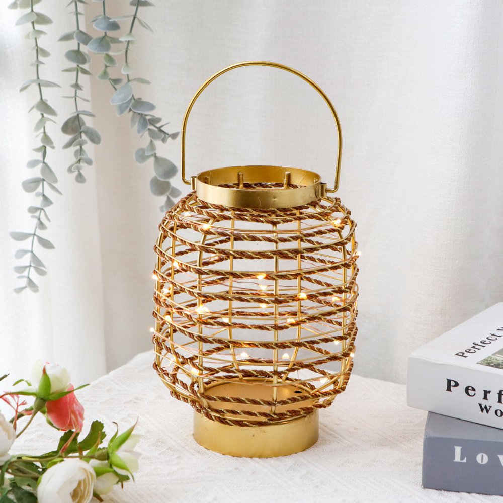 8" Distressed Gold Geometric Lantern Desk Lamp With Novelty Shade