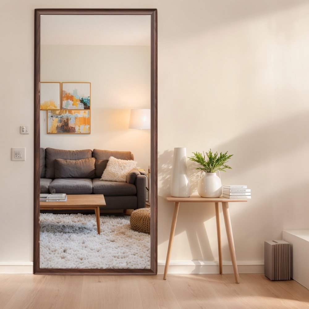 71" Brown Wood Wall Mounted And Leaning Framed Full Length Mirror