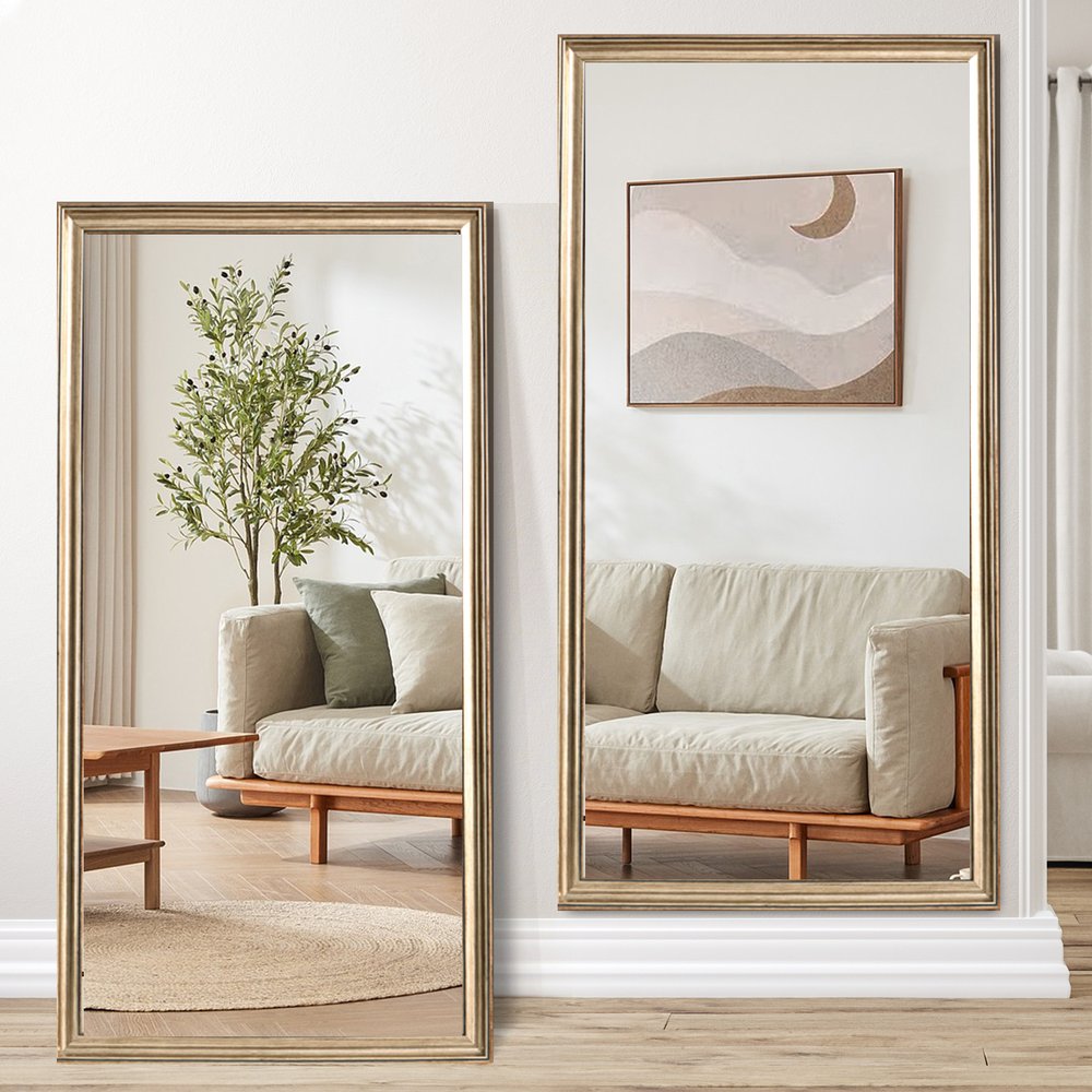 71" Golden Brown Wood Wall Mounted And Leaning Framed Full Length Mirror