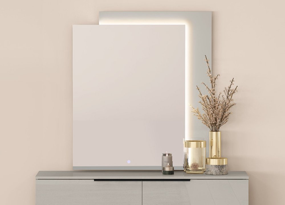 47" Light Gray Wood Lighted Wall Mounted And Dresser Mount Geometric Framed Dresser Mirror