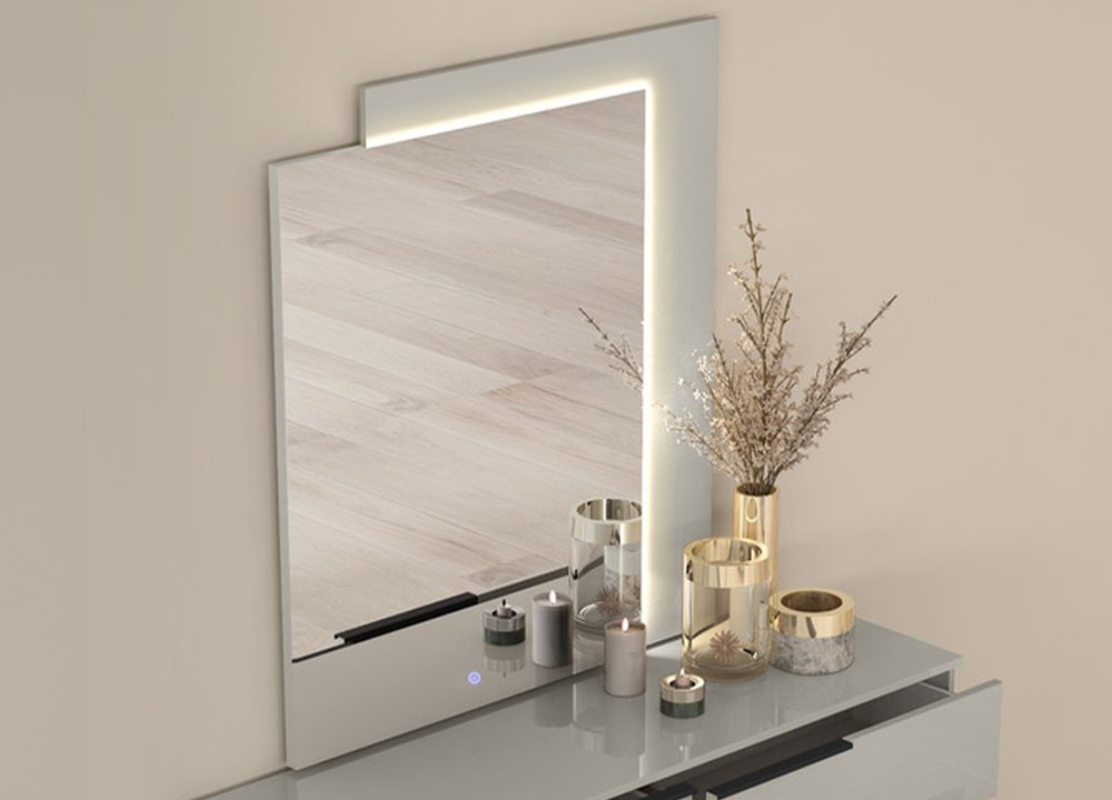 47" Light Gray Wood Lighted Wall Mounted And Dresser Mount Geometric Framed Dresser Mirror
