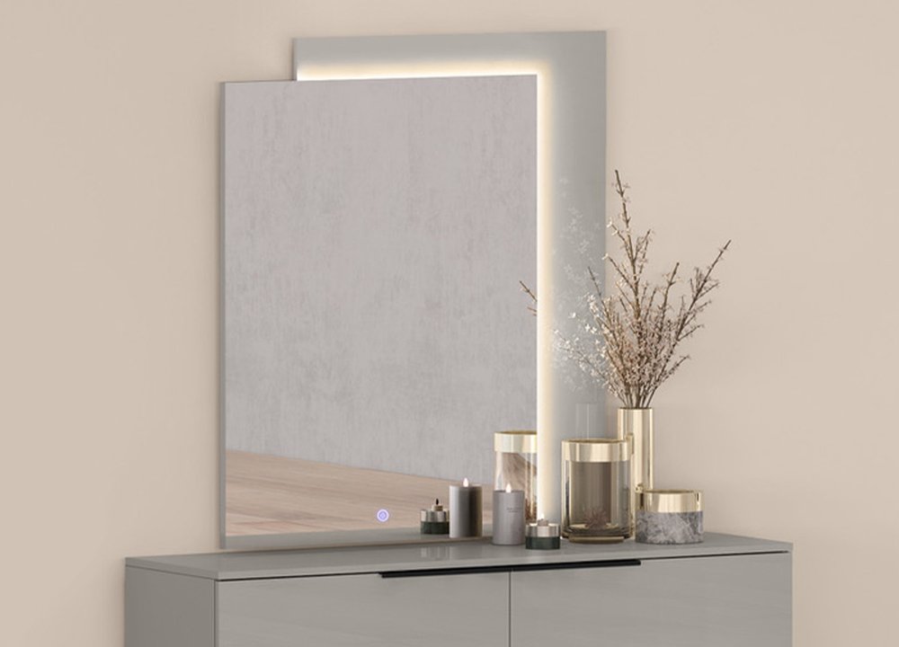 47" Light Gray Wood Lighted Wall Mounted And Dresser Mount Geometric Framed Dresser Mirror