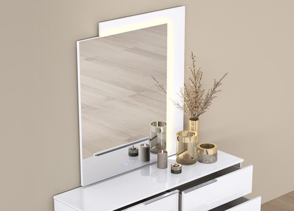47" White Wood Lighted Wall Mounted And Dresser Mount Geometric Framed Dresser Mirror