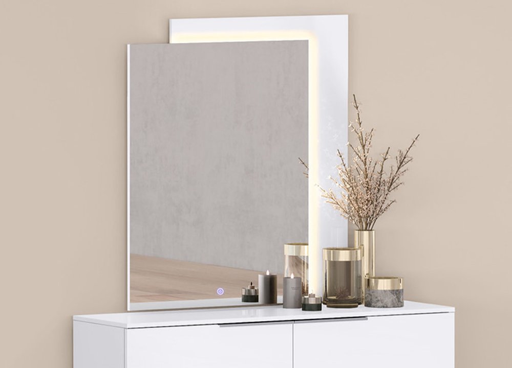 47" White Wood Lighted Wall Mounted And Dresser Mount Geometric Framed Dresser Mirror