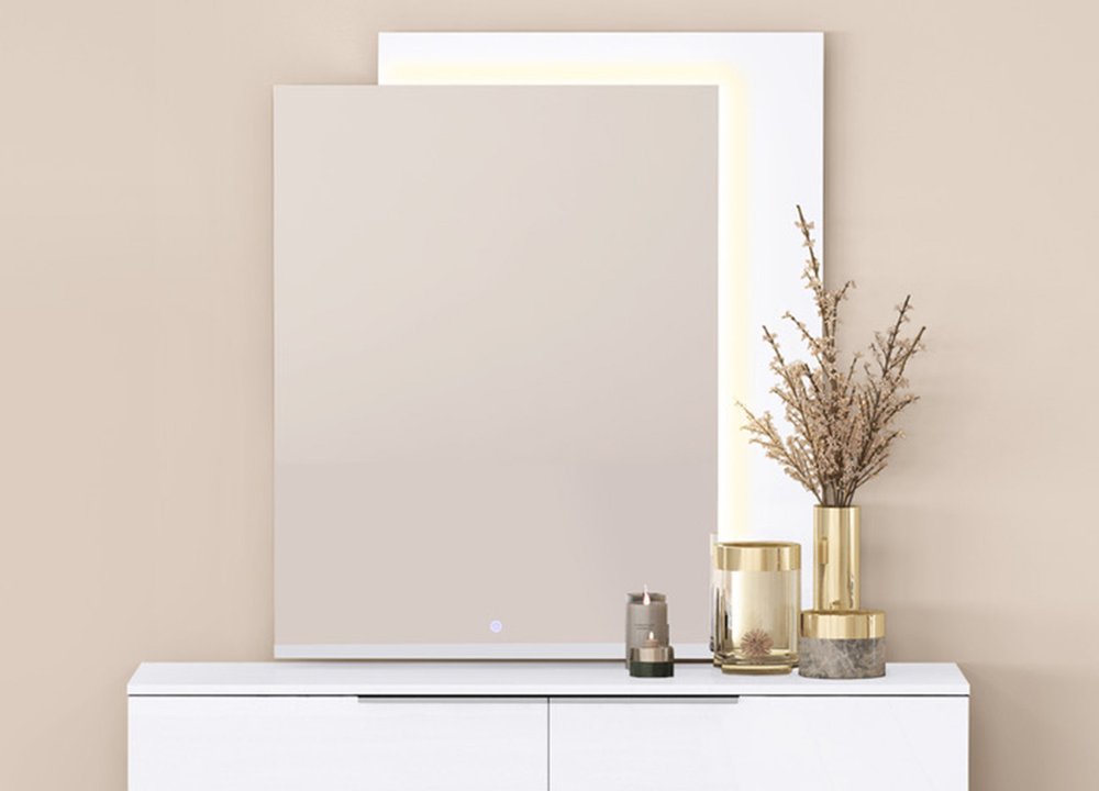 47" White Wood Lighted Wall Mounted And Dresser Mount Geometric Framed Dresser Mirror