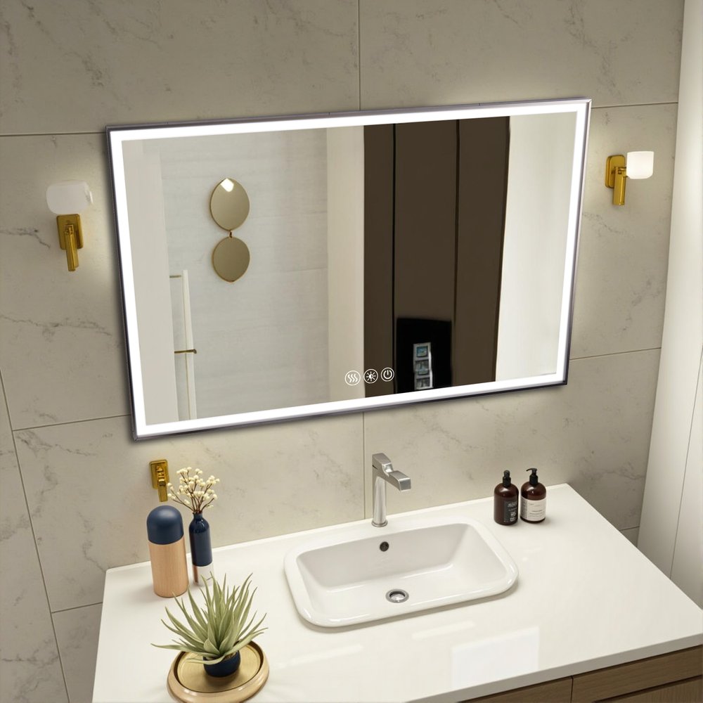 32" Silver Aluminum Lighted Framed Anti Fog Bathroom Vanity Mirror