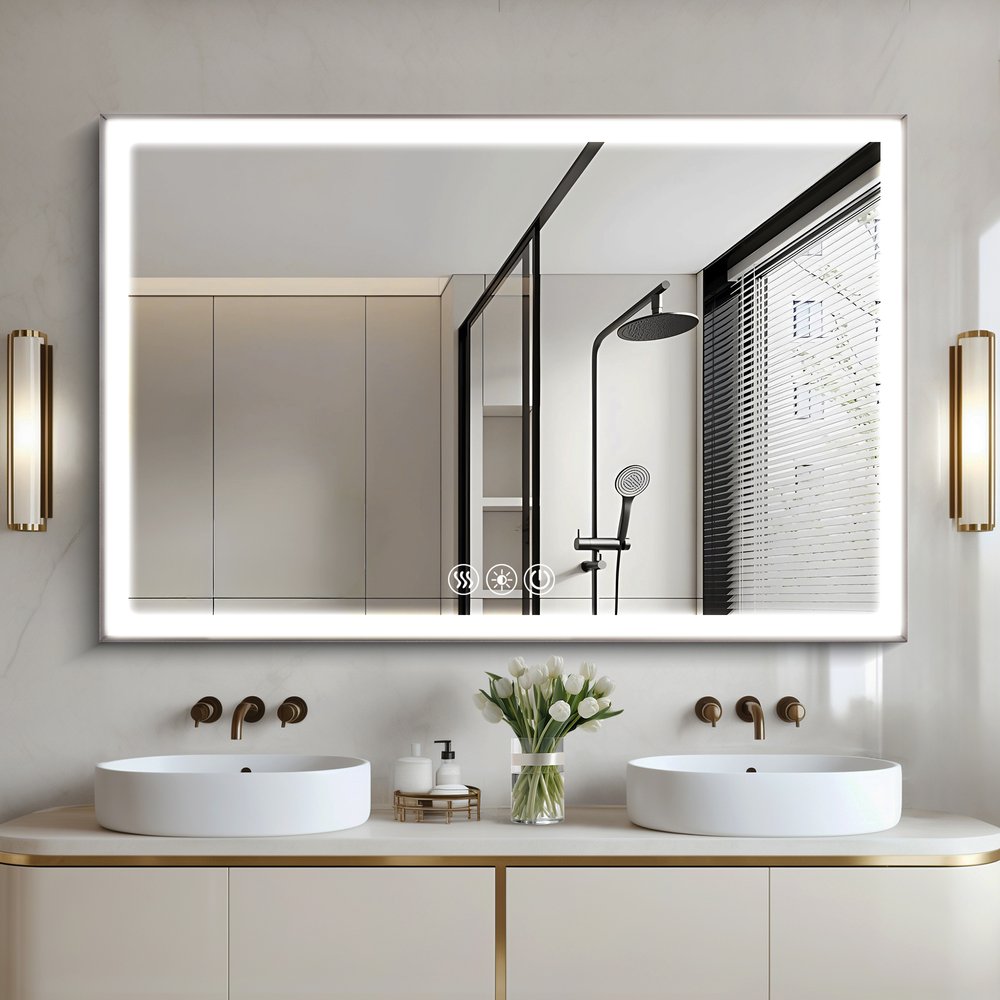 32" Silver Aluminum Lighted Framed Anti Fog Bathroom Vanity Mirror
