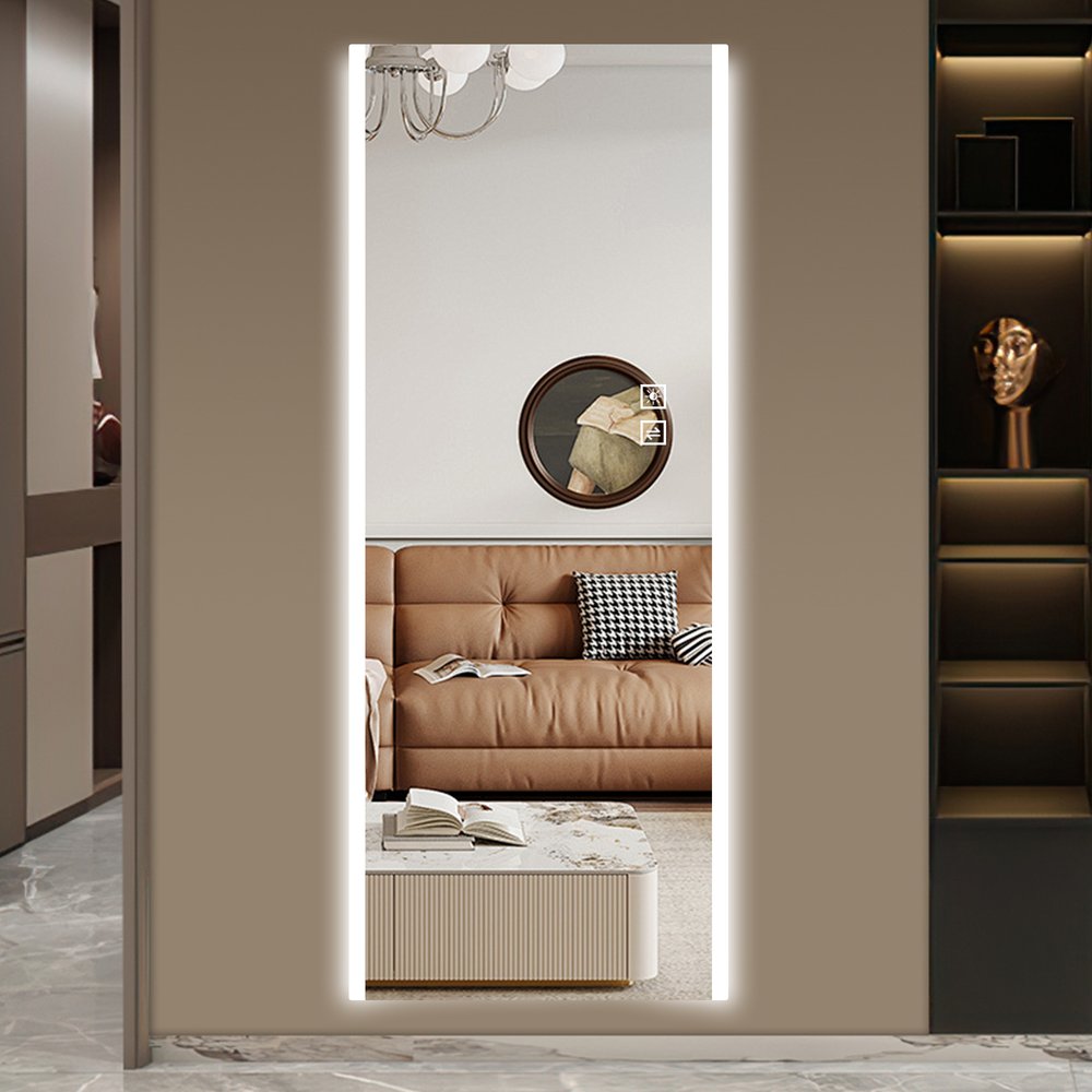 65" Silver Lighted Wall Mounted And Leaning Frameless Full Length Hanging Mirror