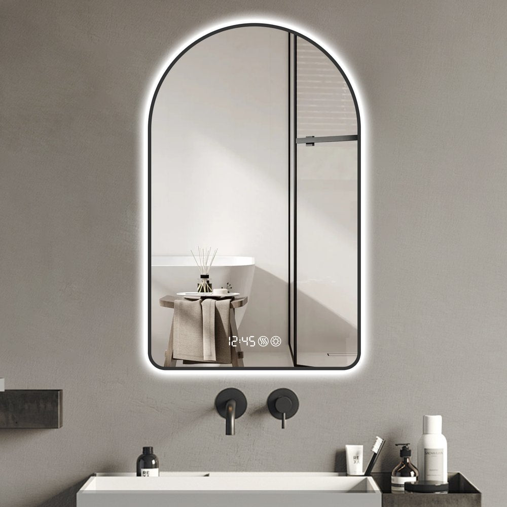 48" Black Aluminum Arch Lighted Framed Anti Fog Bathroom Vanity Mirror