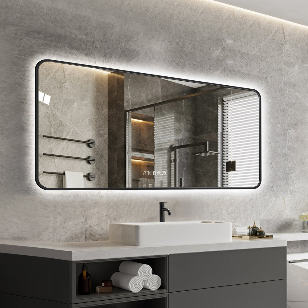 24" Black Aluminum Lighted Framed Anti Fog Bathroom Vanity Mirror