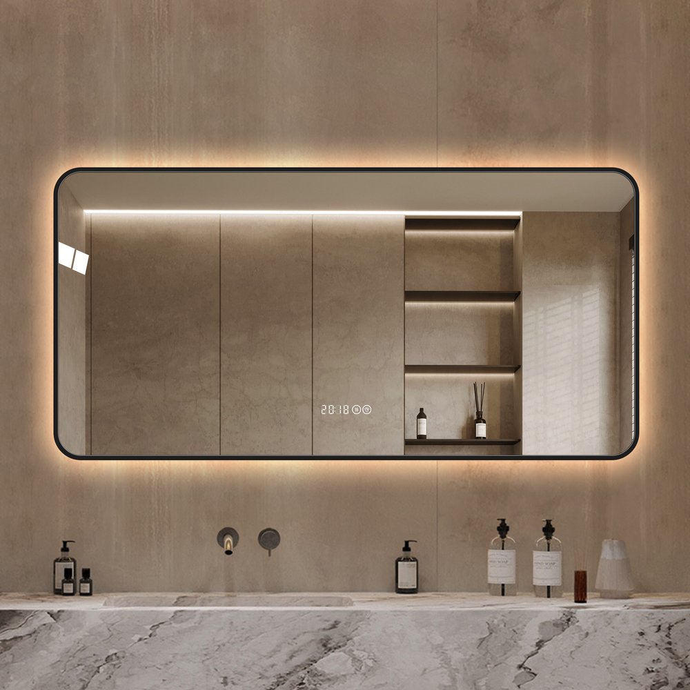 24" Black Aluminum Lighted Framed Anti Fog Bathroom Vanity Mirror