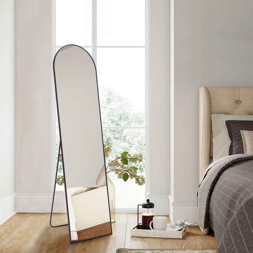 59" Black Aluminum Arch Freestanding And Wall Mounted Framed Full Length Mirror