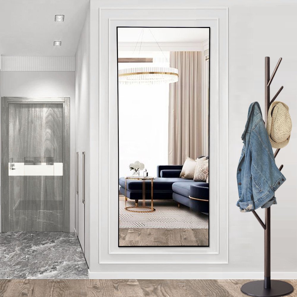 64" Black Aluminum Freestanding And Wall Mounted Framed Full Length Mirror
