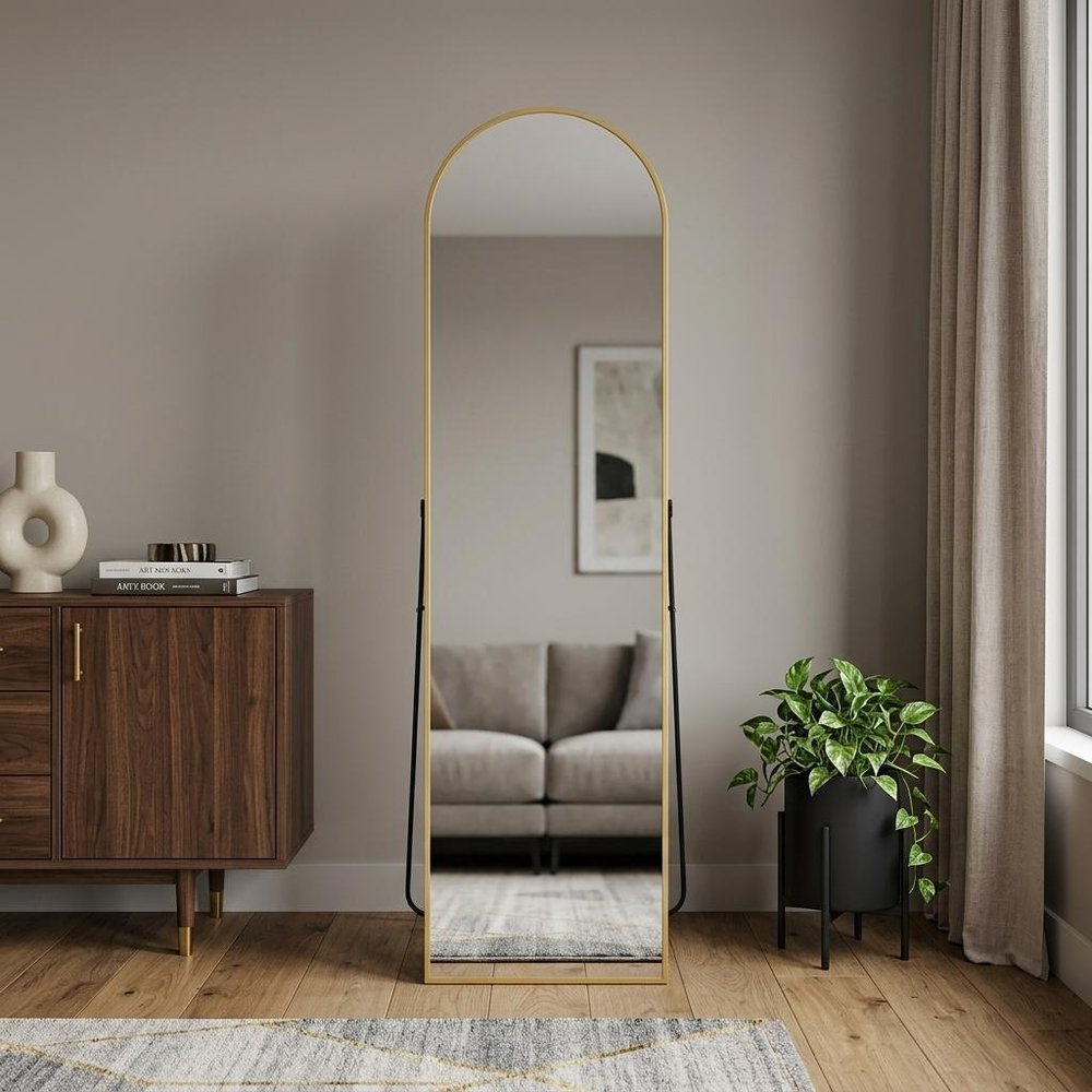 56" Gold Aluminum Arch Freestanding And Wall Mounted Framed Full Length Mirror
