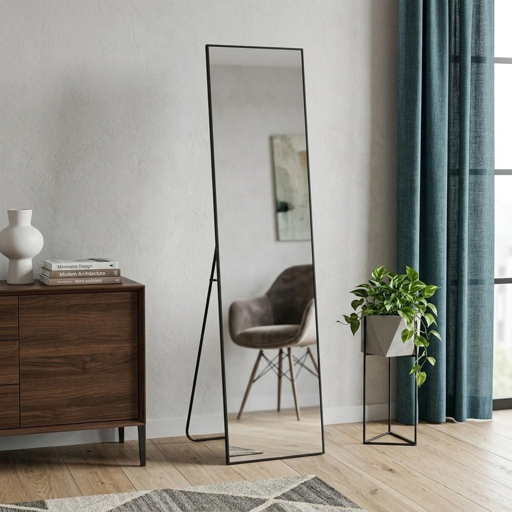 55" Black Aluminum Wall Mount Leaning Or Freestanding Framed Full Length Mirror