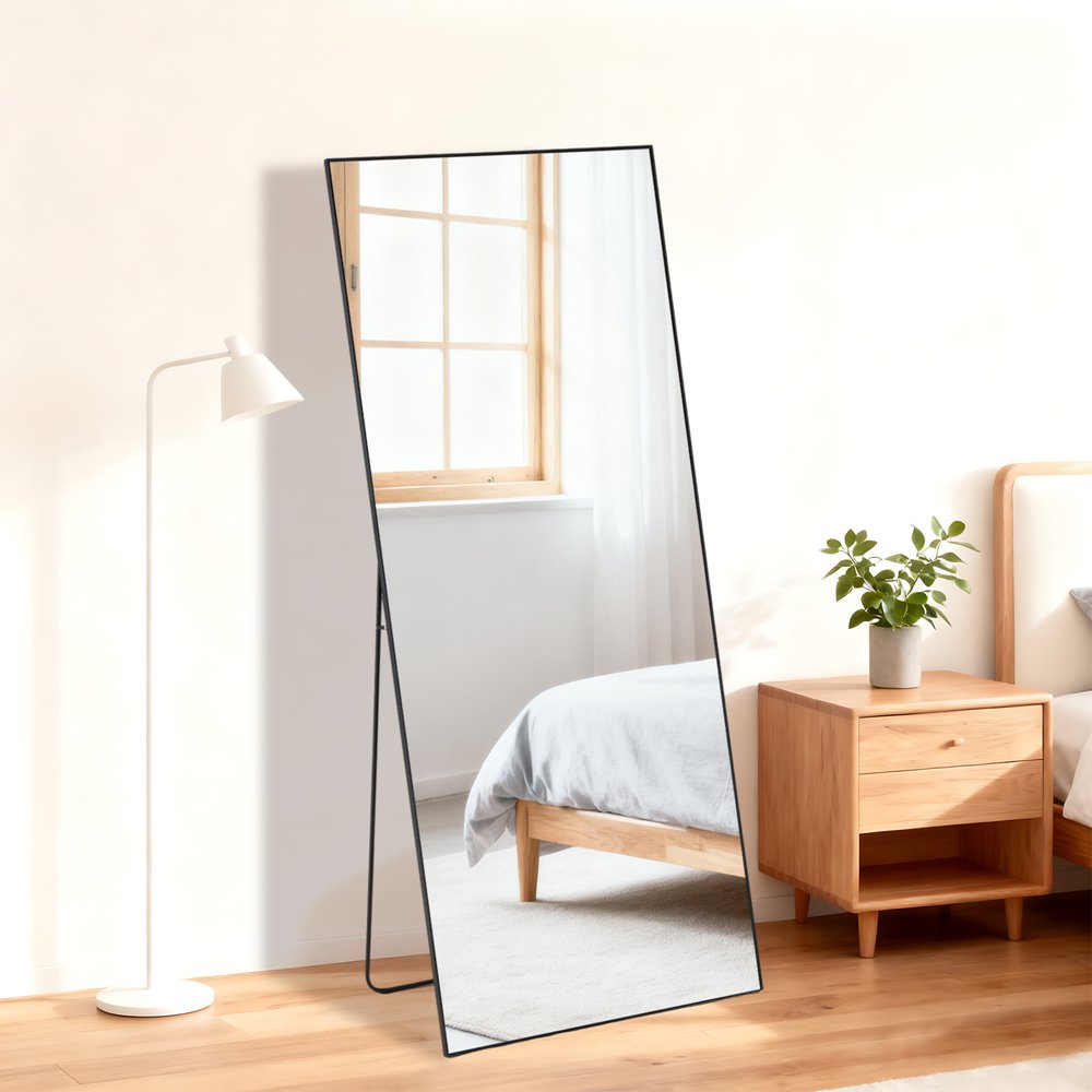 55" Black Aluminum Freestanding And Wall Mounted Framed Full Length Mirror