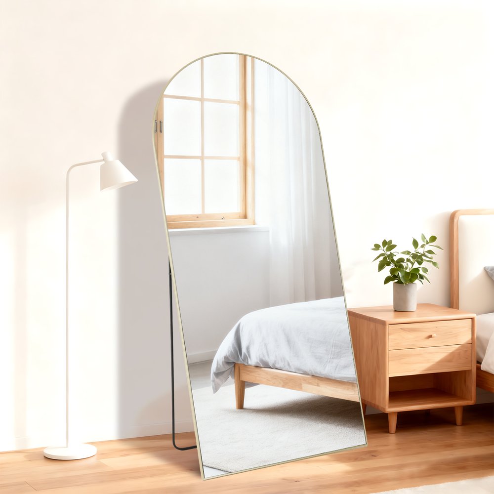 66" Gold Aluminum Arch Wall Mounted And Freestanding Framed Full Length Mirror