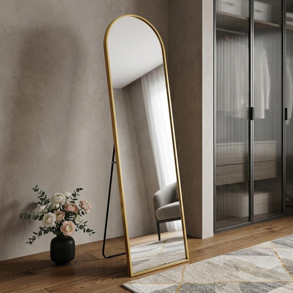 66" Gold Aluminum Arch Wall Mounted And Freestanding Framed Full Length Mirror