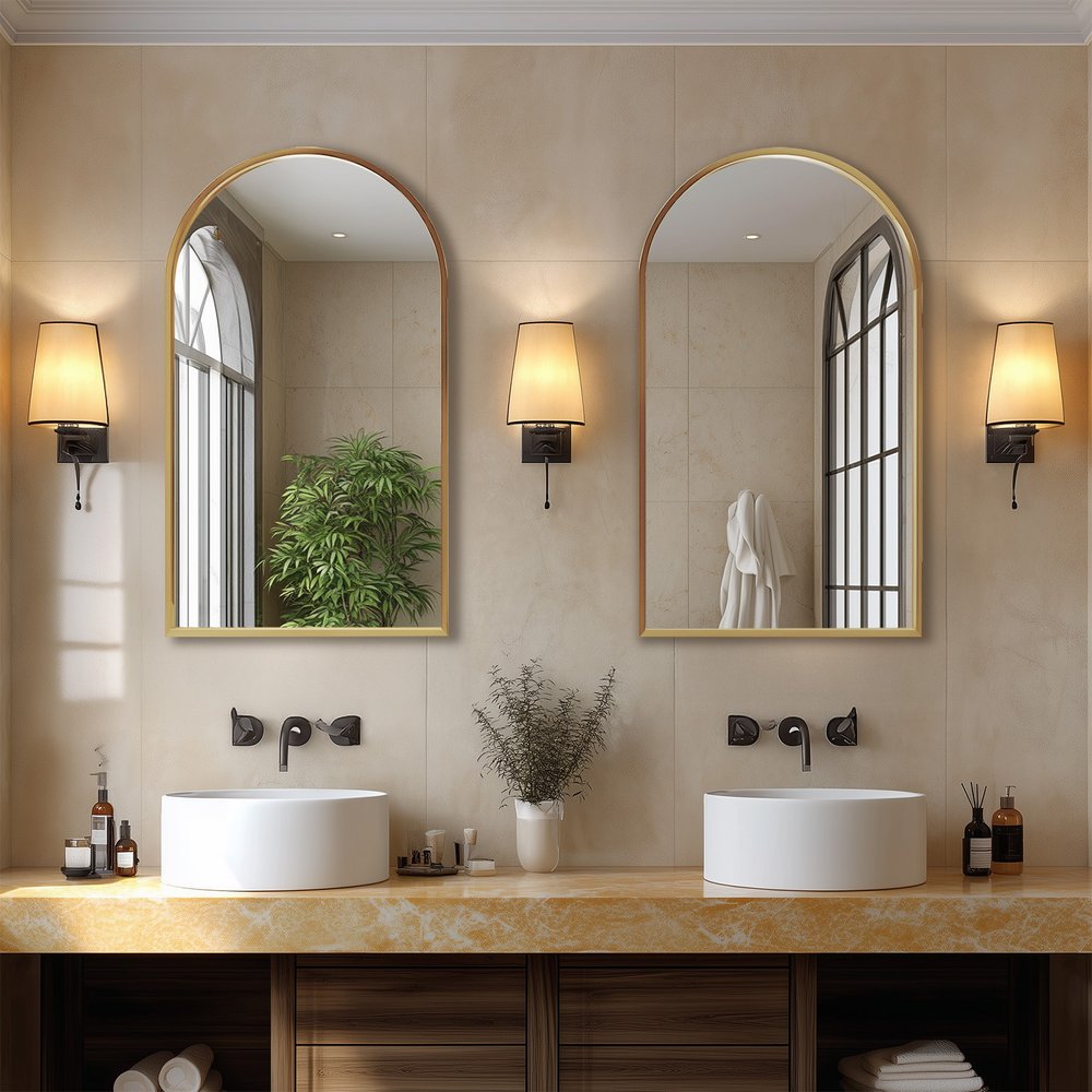 30" Gold Aluminum Arch Framed Anti Fog Accent Mirror