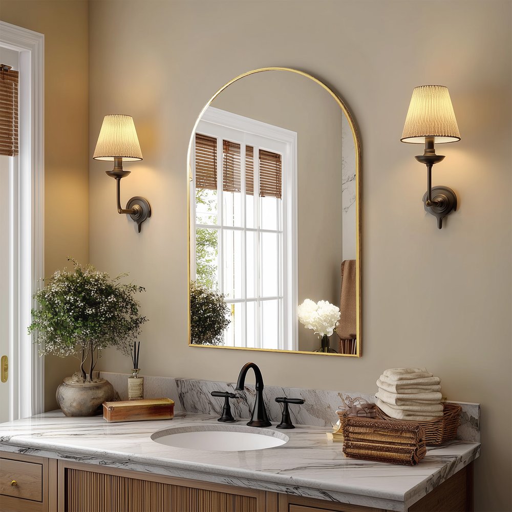 30" Gold Aluminum Arch Framed Anti Fog Accent Mirror