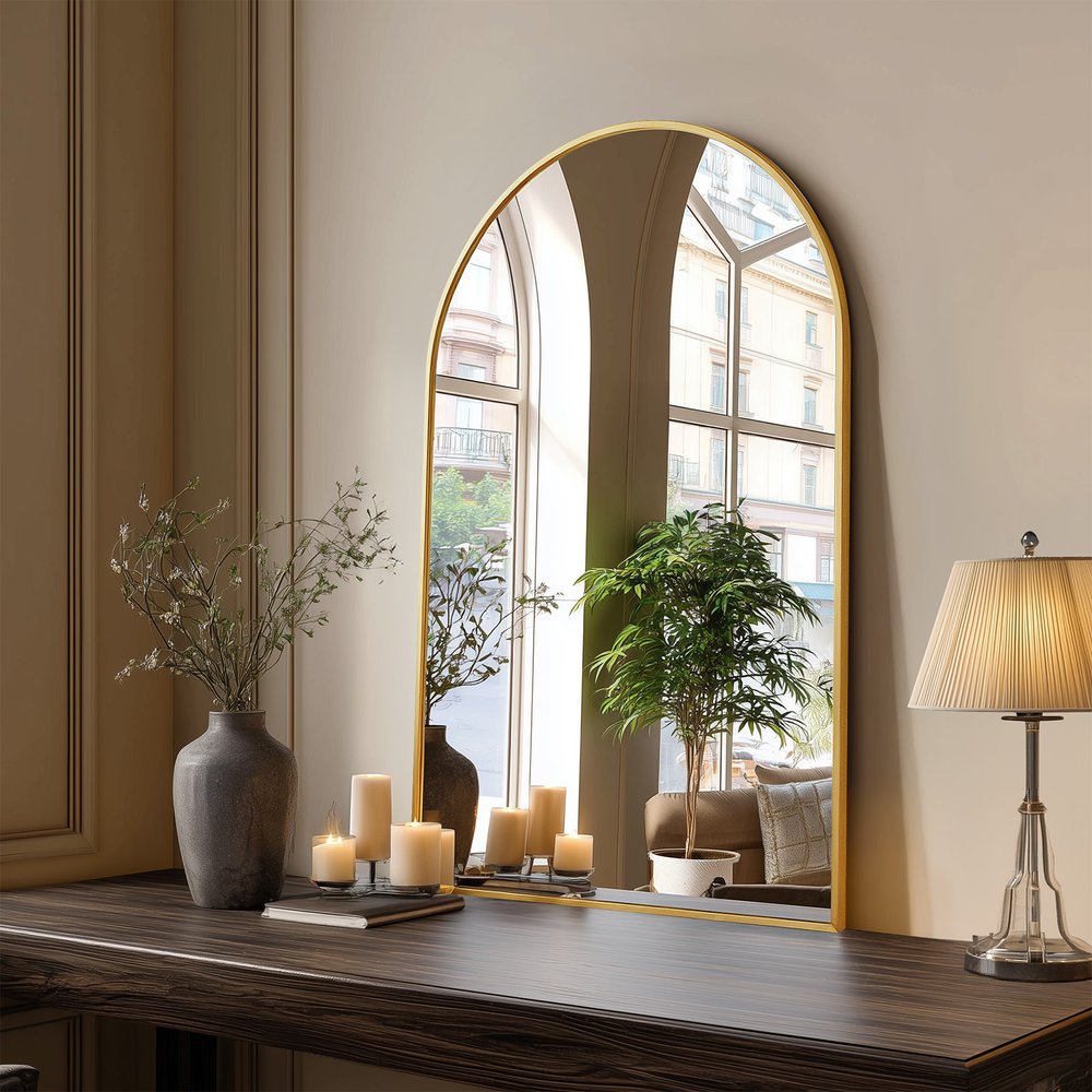 35" Gold Aluminum Arch Framed Anti Fog Accent Mirror