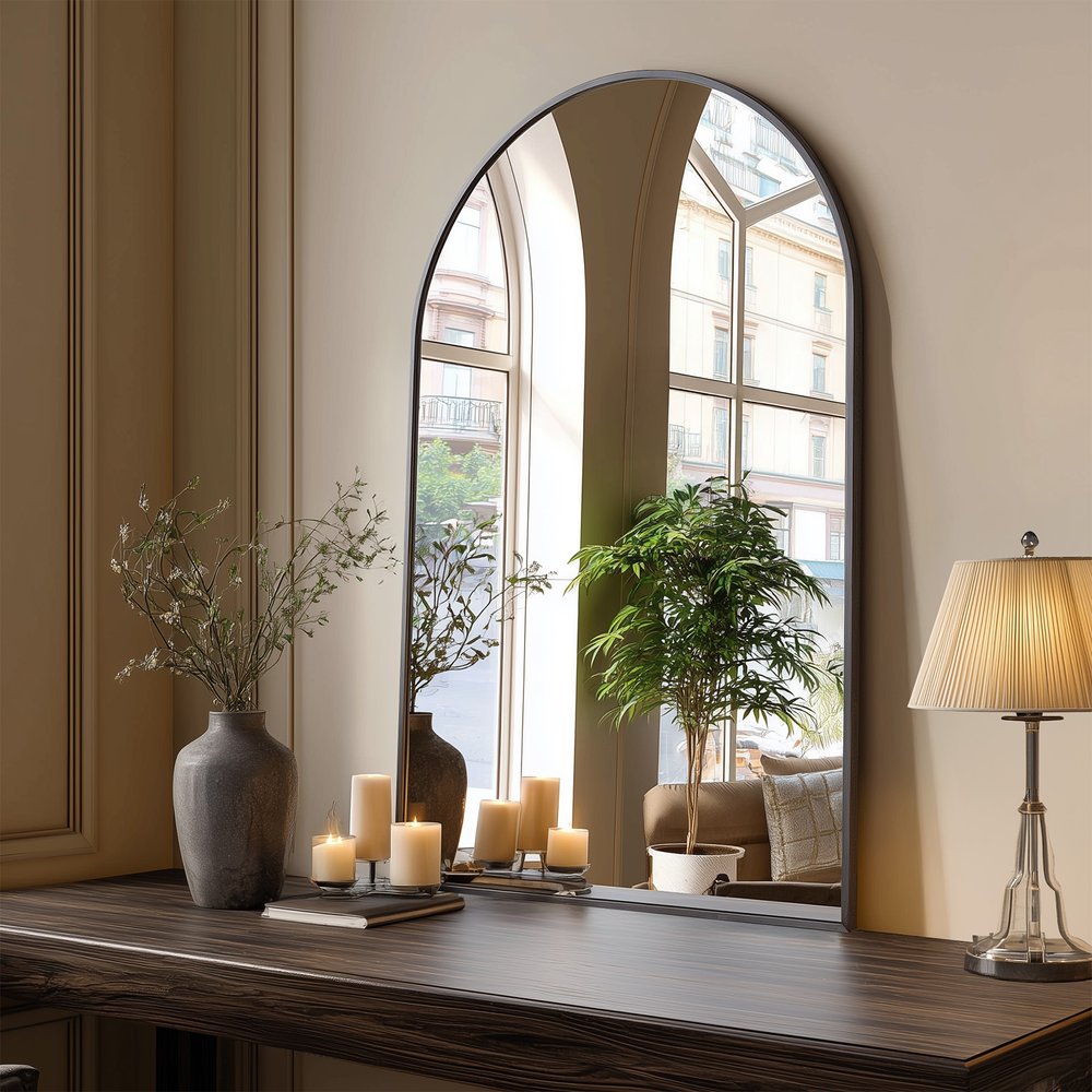 38" Black Aluminum Arch Framed Anti Fog Accent Mirror